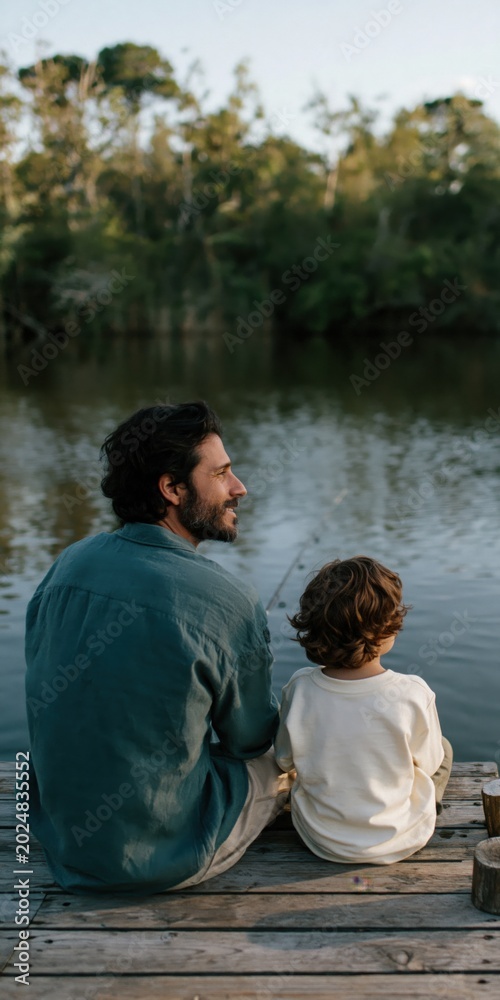 Fototapeta premium Father and child sitting fishing on wooden dock by lake