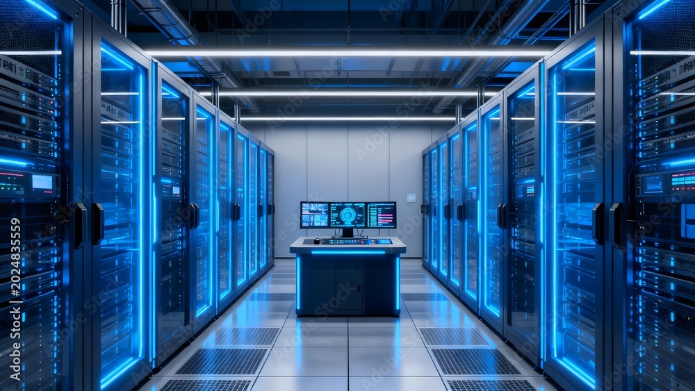 Naklejka premium Server room with blue lighting