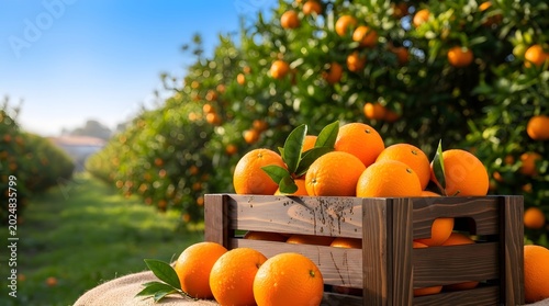 Freshly harvested oranges in a wooden crate in an orchard