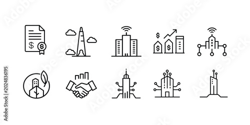 City outline icons set real estate building architecture smart technology house home town property skyscraper & more vector illustration with editable stroke.