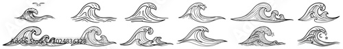 Foto Diverse ocean wave collection with foam and sea elements minimalist black and wh