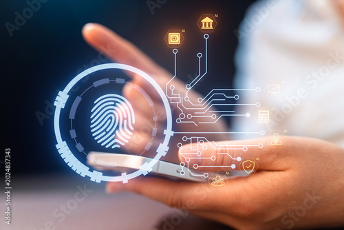 Fingerprint scanning on a smartphone with digital icons representing various functions and security features