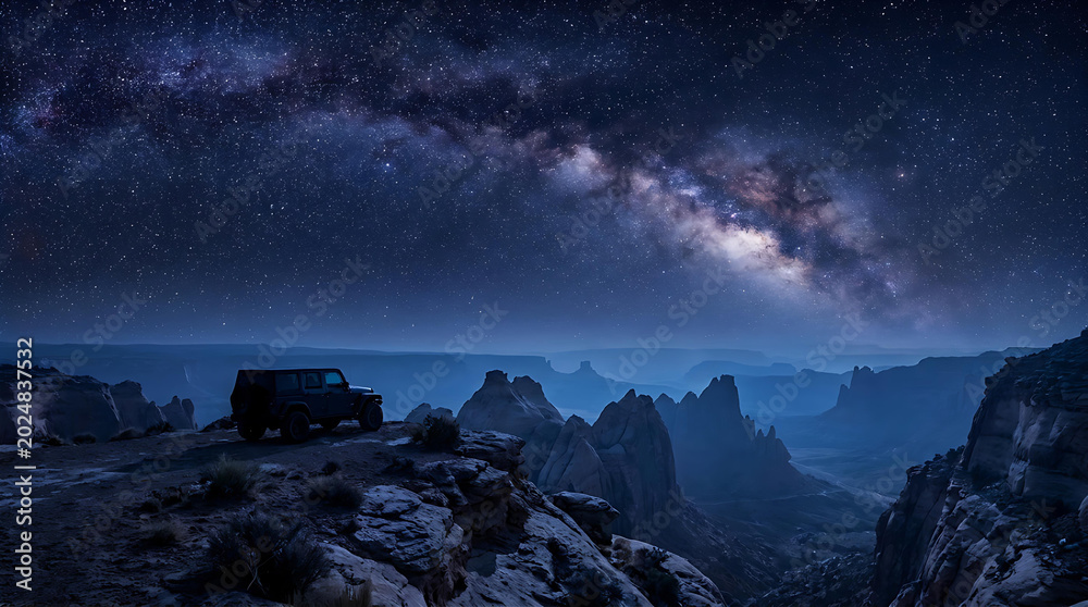 Obraz premium Off road vehicle on cliff edge under starry milky way sky with night sky