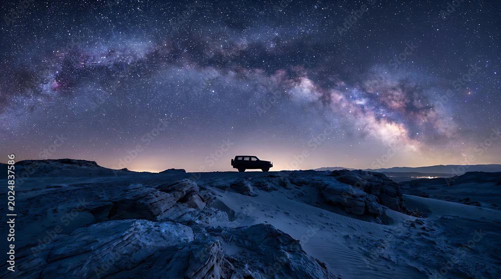 Fototapeta premium Off road vehicle silhouetted against the milky way galaxy at night with universe