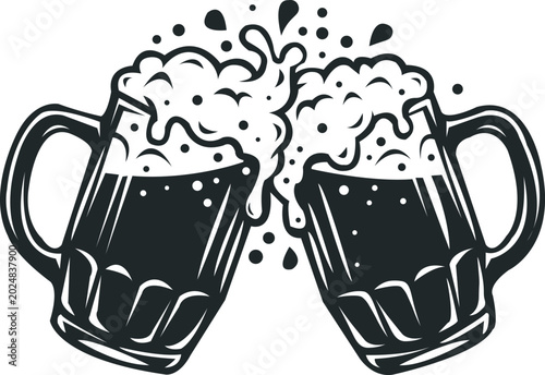 Fotografie Silhouette Frothy Beer Mug Vintage Style Vector Illustration Cheers Toast, Clink