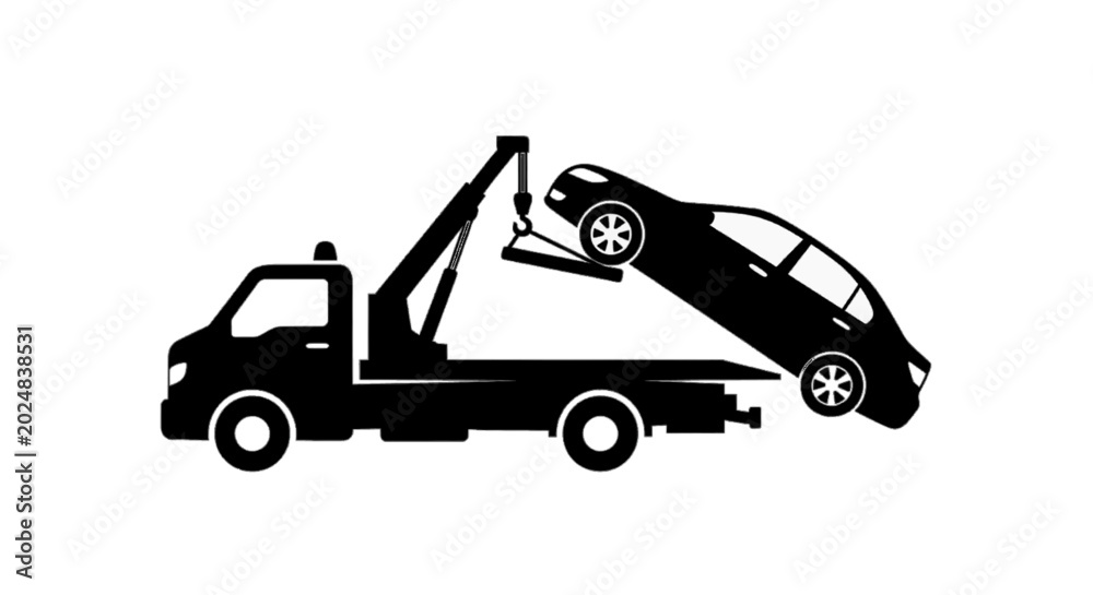 Naklejka premium Minimal black silhouette icon, simple flat vector, bold black shape, no, no shading tow truck icon with a car being towed on a, flat icon style
