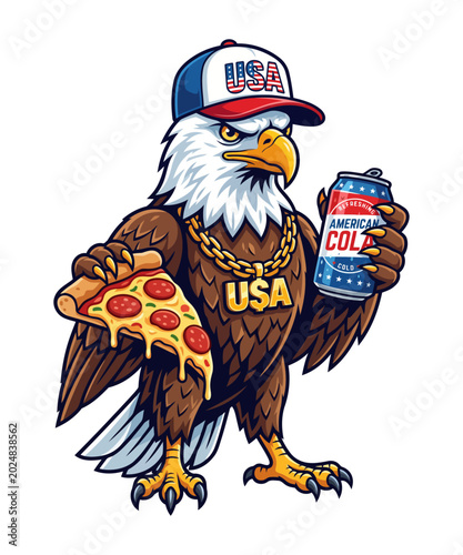 Cartoon bald eagle wearing a USA hat and gold chain holding pizza and American cola