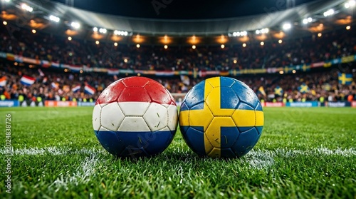 Two soccer balls with the national flags of the Netherlands and Sweden on the green grass pitch of a crowded stadium before a football tournament match