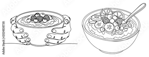 Tableau sur toile Healthy oatmeal bowl with fresh berries and fruit held by hands line art style