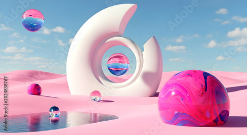Colorful abstract sculpture with spiral design in desert landscape under blue sky with hot air balloons