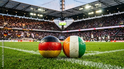 Two soccer balls featuring the national flags of Germany and Ivory Coast on the green grass field of a packed stadium during an international football tournament match