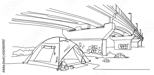 Billede på lærred Tent pitched under a concrete bridge representing homelessness in continuous lin
