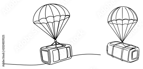 Bild auf Leinwand Cargo drop capsule descending with parachute continuous line drawing minimalist