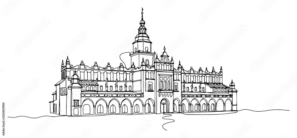 Obraz premium Sukiennice Cloth Hall landmark in Krakow Poland in continuous line art style