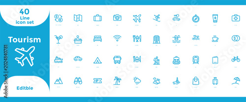 Tableau sur toile Tourism icon set travel transportation accommodation and leisure graphics