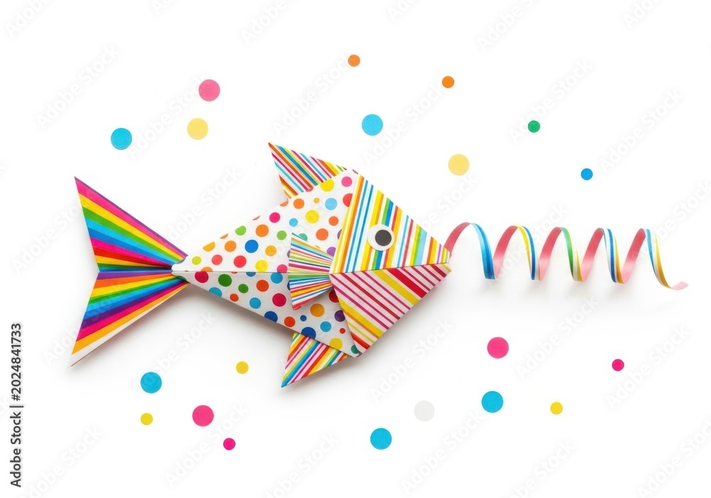 Obraz premium Colorful Origami Fish with Rainbow Tail and Confetti on White Background