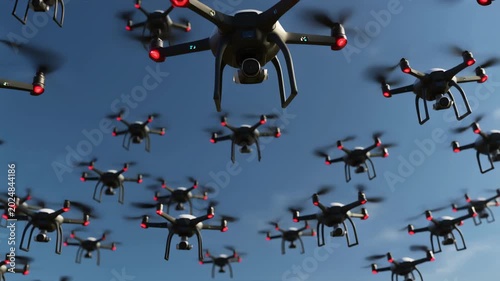 Swarm of black quadcopter drones with red lights flying against a blue sky, dramatic depth and motion blur