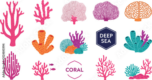 Set of Coral and Deep Sea Vector Icons Featuring Various Coral Shapes, Marine Life, Deep Sea, and Underwater Design Badges for Ocean Illustrations