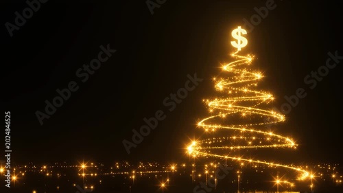 Golden spiral christmas-tree light trail with dollar sign topper against black night sky above twinkling city lights