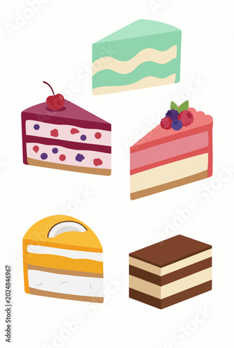 This image showcases an enticing selection of beautifully designed cake slices, highlighting different flavors, colors, and delightful decorations perfect for dessert lovers.