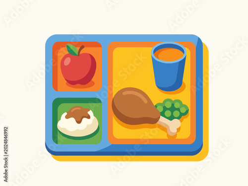 This image presents a colorful school lunch tray filled with healthy foods including chicken, apple, milk, and broccoli, representing nutrition for children.