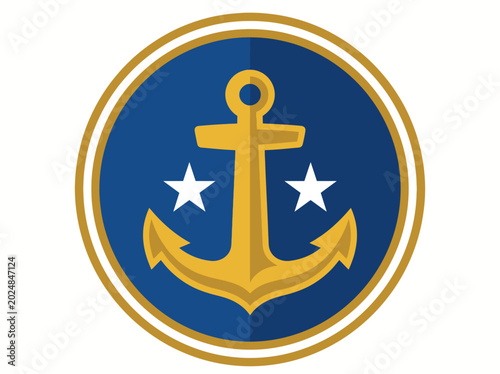 This image features a simple yet elegant nautical emblem showcasing a golden anchor against a blue background, symbolizing stability, strength, and maritime adventure.