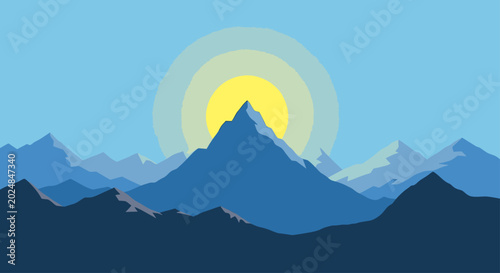 Minimalist mountain range at sunrise with a large sun behind the central peak