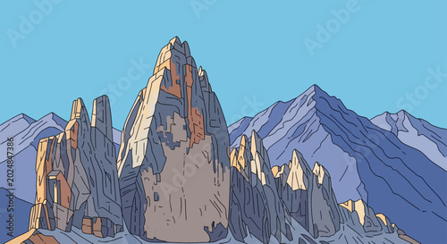 Jagged peaks with sharp, rocky formations bask in warm sunlight against a clear blue sky