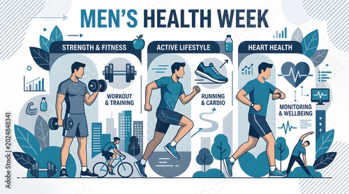 Men's Health Week Illustration with Men Exercising, Running, and Monitoring Heart Health