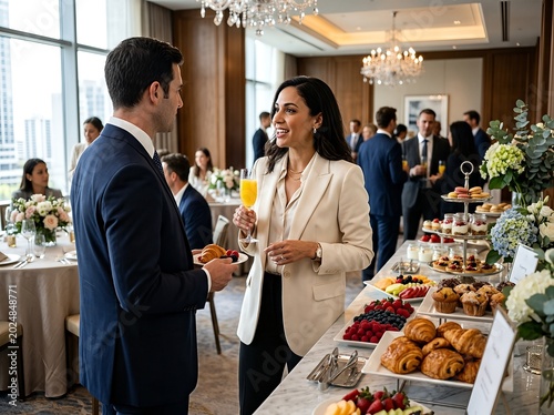 Professionals mingle at a corporate breakfast event with elegant decor and food options.