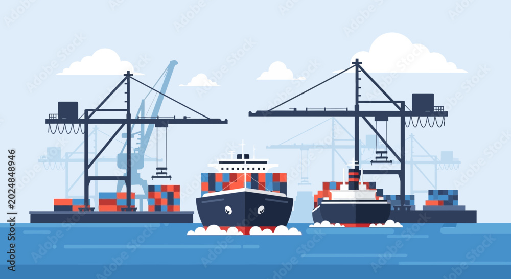 Fototapeta premium Container Ships Docked at Port with Cranes Loading Cargo