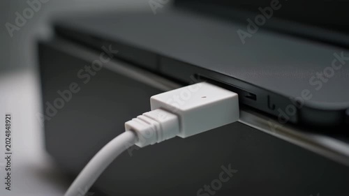 Close-up of a hand inserting a white charging cable into a laptop port, shallow depth of field, warm tones