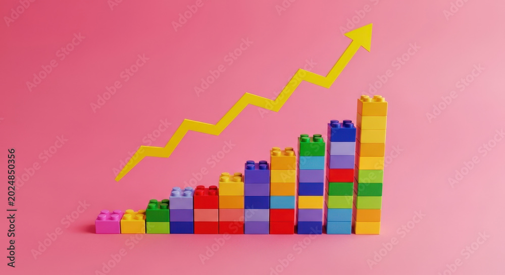 Fototapeta premium Growth Chart with Lego Blocks and Arrow on Pink Background Business Concept Success Development Strategy Progress Investment Rising Finance