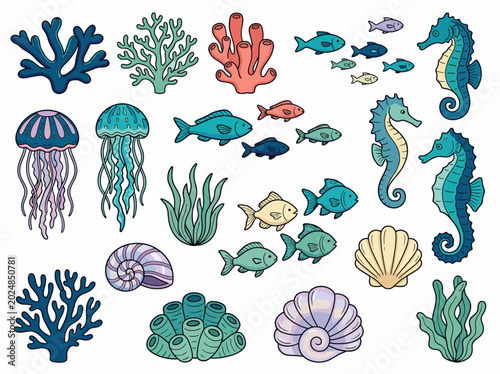 Photography A beautiful illustration of vibrant ocean life, showcasing various underwater species like seahorses and jellyfish, emphasizing biodiversity and the wonder of marine ecosystems