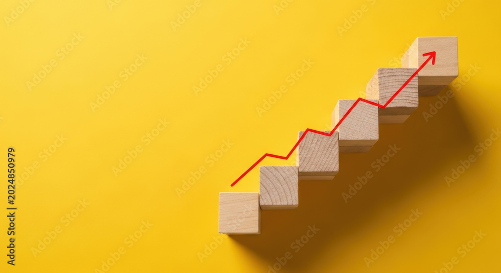 Obraz premium Growth Chart Wooden Blocks Rising Success Arrow Increasing Progress Development Yellow Background Business Concept Strategy Performance Investment
