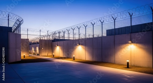 A modern high-security penitentiary exterior at twilight featuring sleek concrete walls, glowing outdoor paths, and tall wire fencing, urban, jail, compound