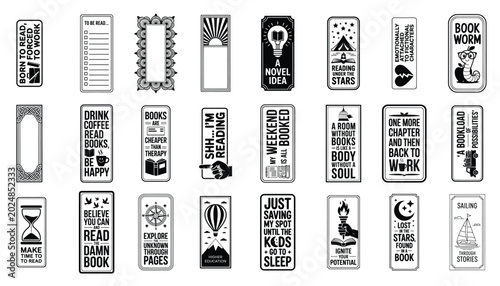 An extensive display of forty-five unique black and white graphic bookmarks offering a variety of witty quotes and illustrations centered around the theme of reading and books.