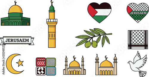 Schilderij op canvas Set of Jerusalem Vector Icons Featuring Dome of the Rock, Minarets, Palestinian