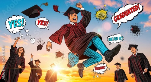 Happy Graduation Celebration with Jumping Students and Throwing Caps Comic Book Style