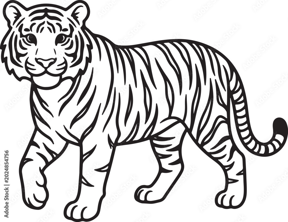 Obraz premium Tiger illustration, outline drawing, black and white, wild animal
