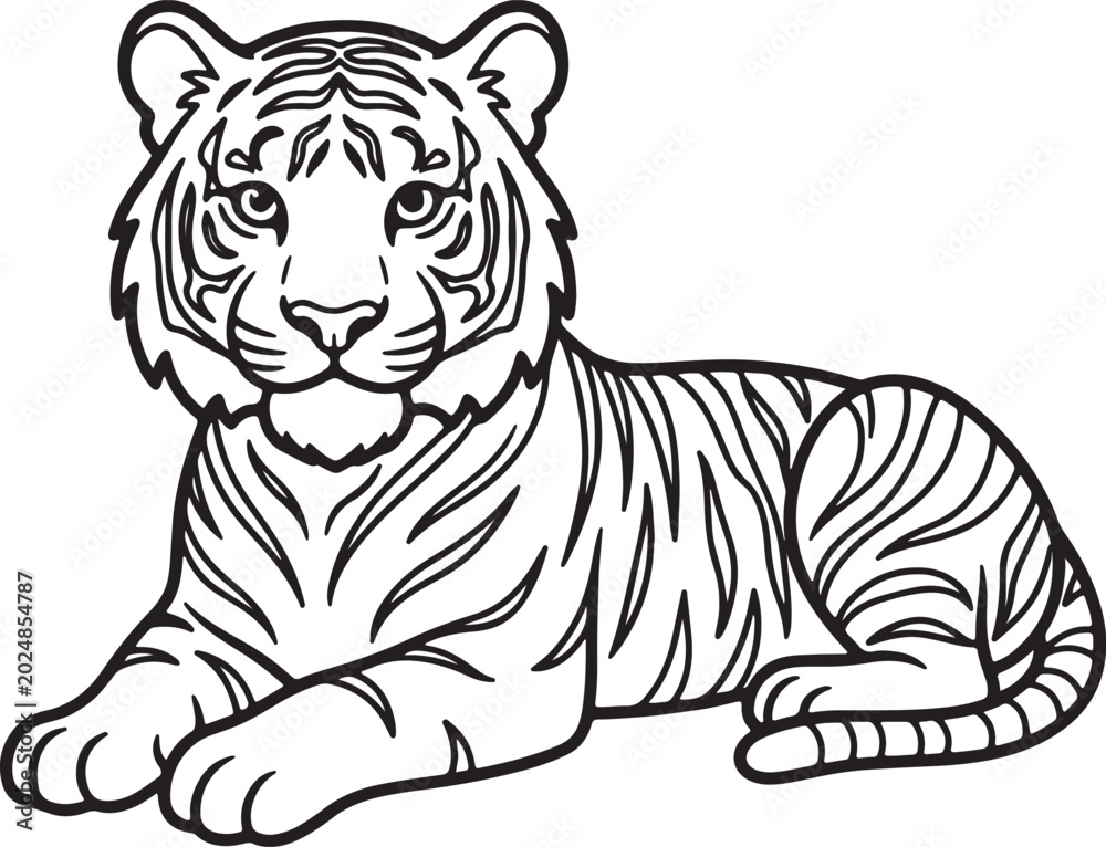 Fototapeta premium Tiger lying down, looking ahead, nobody, illustration