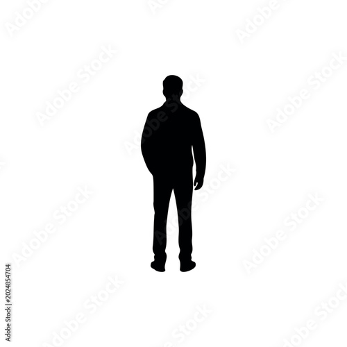 A black silhouette of a standing man viewed from the front against a light background. The figure appears relaxed, with one hand in a pocket and the other hanging naturally by his side. The minimalist