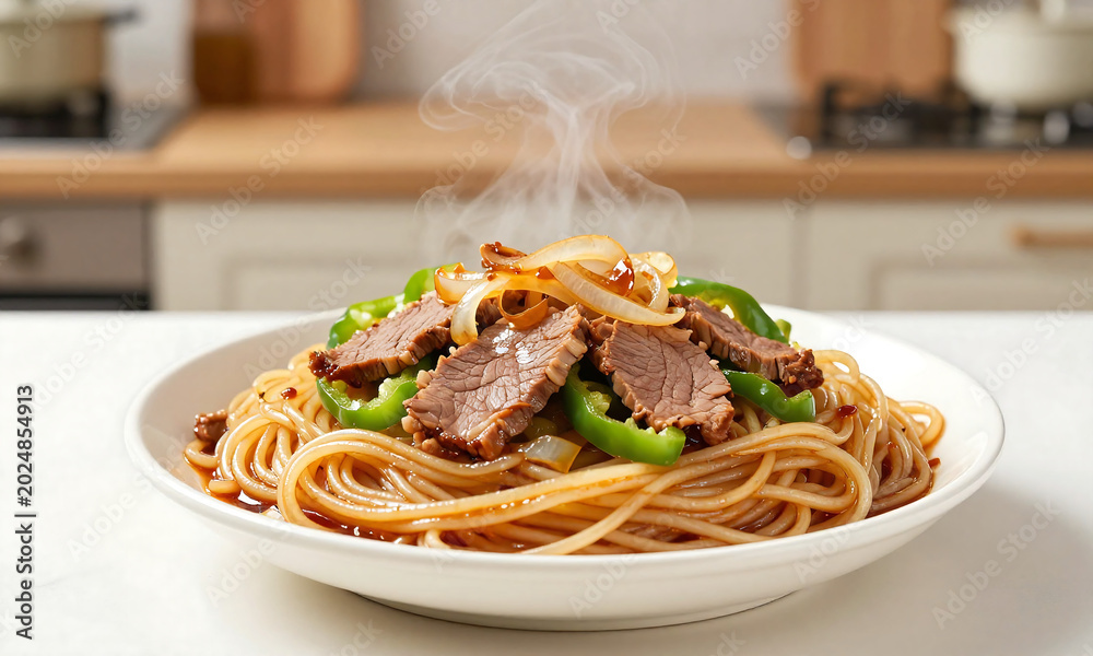 Fototapeta premium steaming hot plate yalong noodles topped sliced beef crunchy green peppers caramelized onions set warm tone kitchen