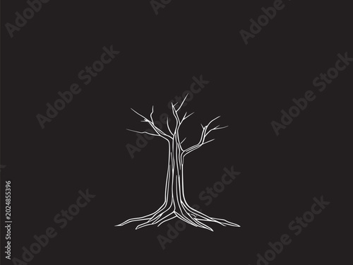 фотографія Leafless tree with visible roots in white lines on a dark black background