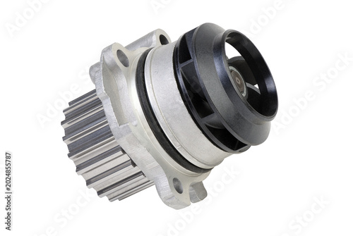 Car engine water pump with toothed pulley isolated on white background.