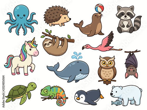 This delightful illustration features a variety of cute cartoon animals, including an octopus, sloth, and unicorn, capturing the essence of playfulness and joy.