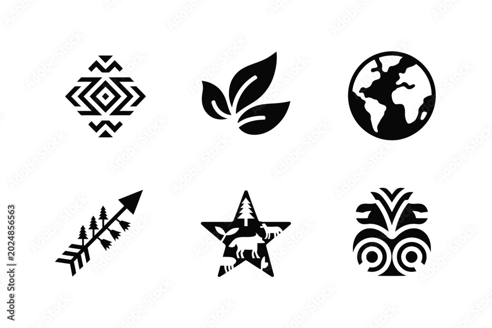 Obraz premium A set of six black and white including a geometric diamond, three leaves, a globe, an arrow with trees, a star with forest animals, and a tribal mask, all presented on a white background