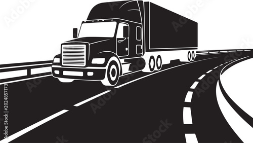 Black semi truck driving on a curved highway Vector