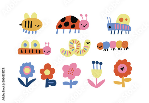 Cute insect and floral clipart set with bee, wasp, ladybug, grasshopper, caterpillars, and Scandinavian cutout flowers on a white background, colorful unisex collection for stickers, nursery decor