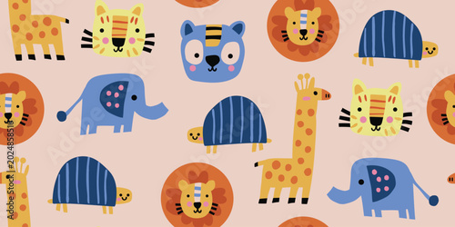 Seamless zoo animal pattern with elephant, panda, koala, leopard, giraffe, lion, and turtle on a soft beige pink background, cute safari repeat design for kids fabric, nursery wallpaper, baby textiles